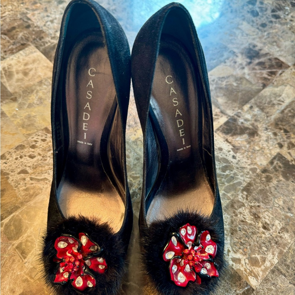 Casadei Suede Platform Peeps with fur and enameled flower